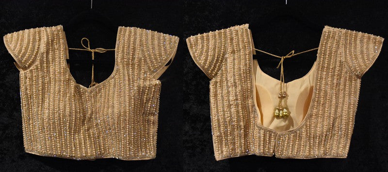 Gold Pearl Work On Saree Blouse